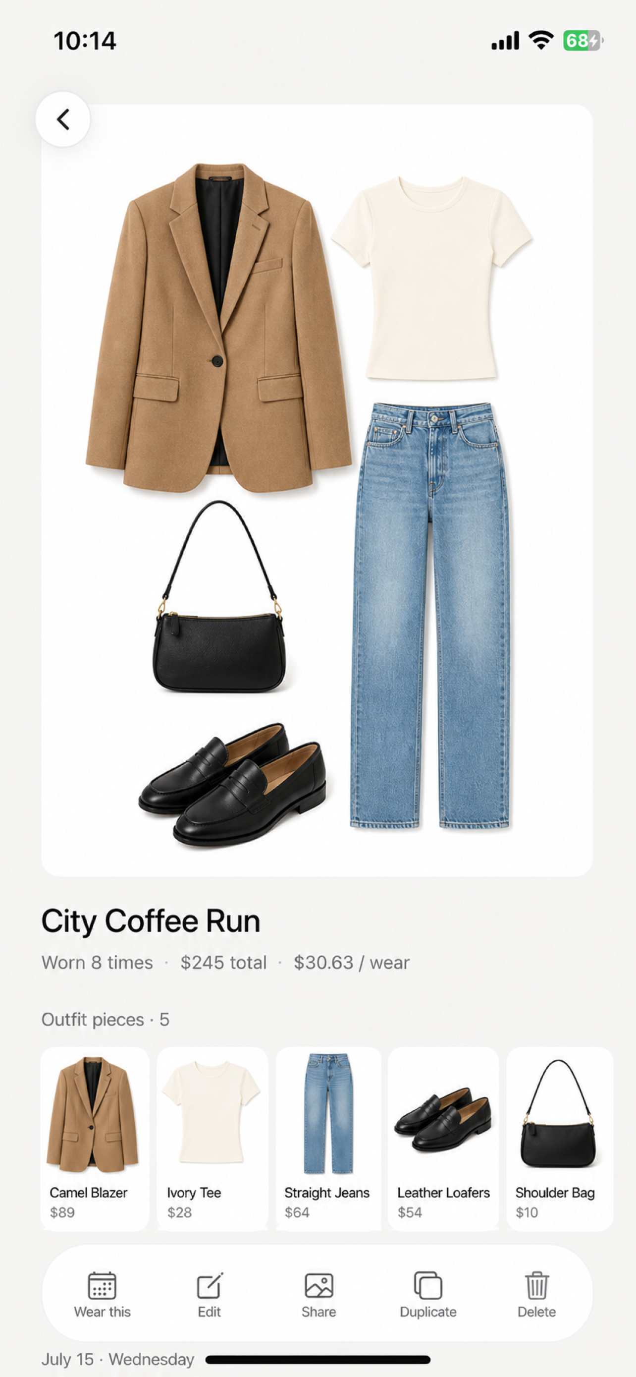 Outfit detail with cost per wear